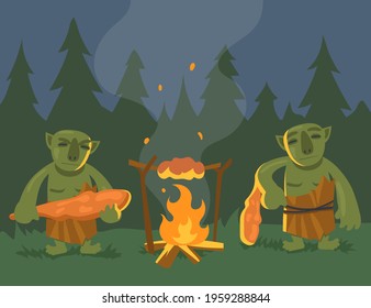 Two cartoon green trolls near bonfire flat vector illustration..Angry orcs or monsters with truncheons preparing dinner over fire in forest at night. Computer game, fantasy, fairytale, monster concept