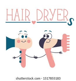 Two cartoon hair dryers holding hands. Love and friendship. Vector on white background