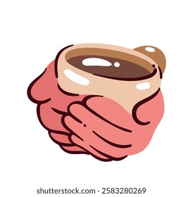 Two cartoon hands holding hot coffee cup. Funny cute mug in palms for break time, breakfast. Drink, beverage with caffeine mascot, cartoon morning coffee drinking sticker vector illustration