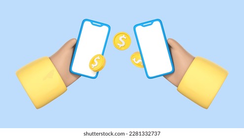 Dos manos de caricatura con teléfonos móviles haciendo una transferencia de dinero. Transferencia de dinero en smartphones. Concepto de pago en línea. Cartera móvil. Cashback y banca. Ilustración del vector 3d
