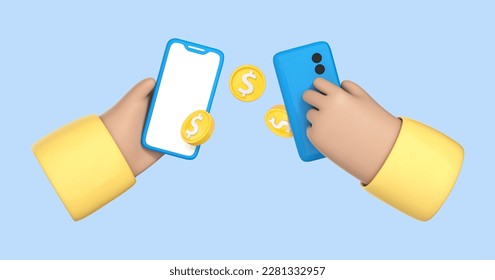 Two cartoon hands holding mobile phones making a money transfer. Money transfer on smartphones. Online payment concept. Mobile wallet. Cashback and banking. Vector 3d illustration