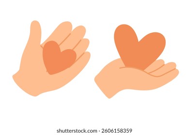 Two cartoon hands holding orange hearts with love and kindness in pastel style