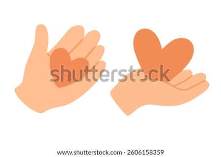 Two cartoon hands holding orange hearts with love and kindness in pastel style