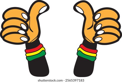 Two cartoon hands with thumbs up, wearing a red, yellow, and green bracelet on each wrist