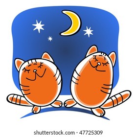 Two cartoon happy cats and moon on a blue background.