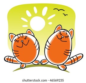 Two cartoon happy cats and sun on a green background.