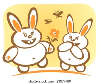 Two cartoon happy rabbits on a yellow background. Valentines illustration.