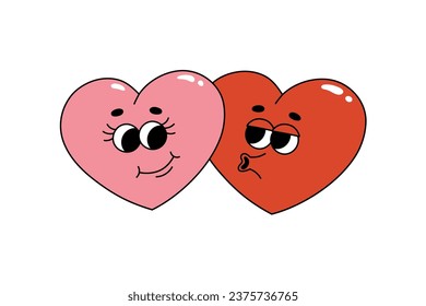 Two cartoon hearts in groovy hippie style. Cute characters in trendy retro style for Valentines day design. Love concept. Isolated vector illustration