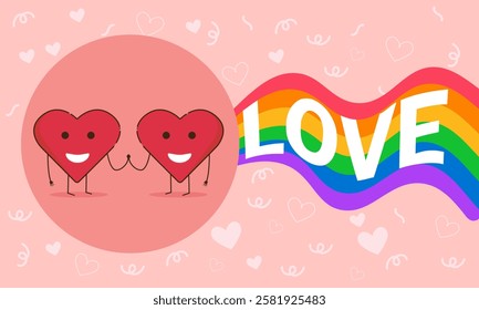 Two cartoon hearts holding hands with a rainbow flag and the word love on a pink background with small hearts and confetti, celebrating lgbtq+ pride and love