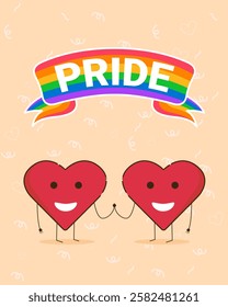 Two cartoon hearts holding hands under a rainbow pride banner, celebrating love, tolerance, and diversity