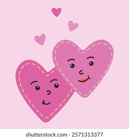 Two cartoon hearts on a pink background. Vector illustration of two loving happy hearts.  Happy Valentine's Day, wedding invitations.