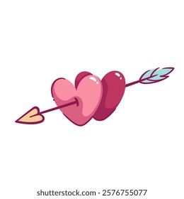 Two cartoon hearts pierced with cupids arrow. Funny double hit to red and pink hearts of couple in love. Valentines day, marriage mascot, cartoon cute romantic symbol of passion vector illustration