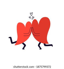 Dos corazones de caricatura tocando manos. Los personajes del doodle de amor dibujados a mano están muy cerca unos de otros y tienen fuertes sentimientos. Ilustración de material vectorial aislada en fondo blanco.