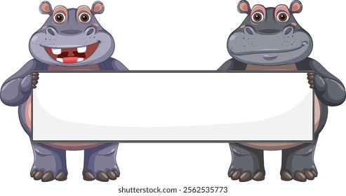 Two cartoon hippos holding a blank sign