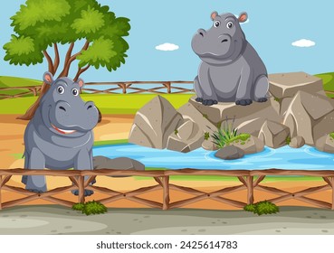 Two cartoon hippos near a small pond and rocks.