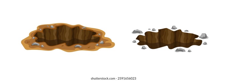 Two cartoon holes, one light brown with rocks, the other dark brown with stones around them.