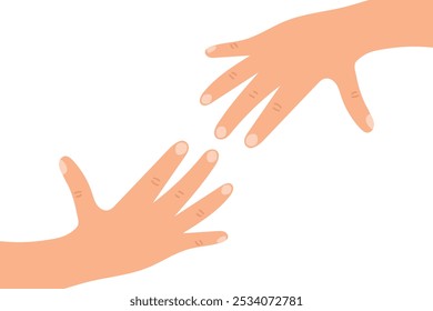 Two cartoon human hands reaching to each other. Helping hand symbol. Vector illustration