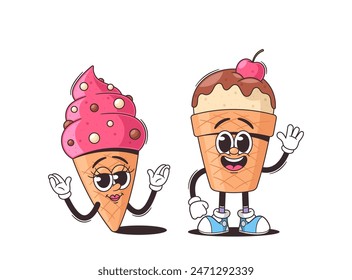 Two Cartoon Ice Cream Cone Characters With Cute Happy Faces. Vector Illustration With Colorful, Fun And Whimsical Vibes
