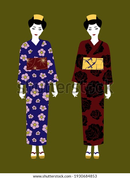 Two Cartoon Japanese Women Yukata Stock Vector (Royalty Free ...