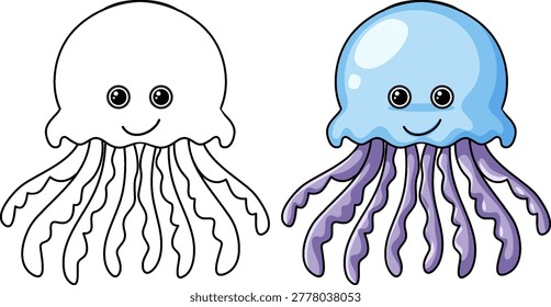 Two cartoon jellyfish characters presented in colored and black and white line art vector styles