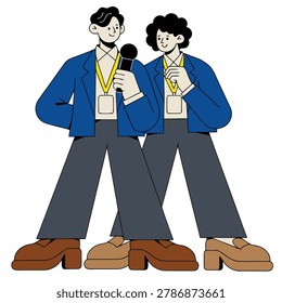 Two cartoon journalists, one holding a microphone and the other a badge, stand side-by-side, ready to report.