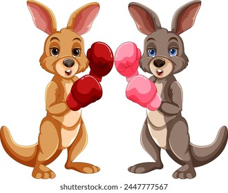 Two cartoon kangaroos with boxing gloves ready to spar