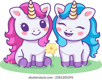  Two cartoon kawaii baby Unicorns isolated on a green grass. Print for children, girl. Best friends.