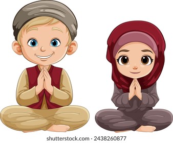 Two cartoon kids in cultural clothing greeting respectfully