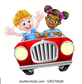 Two cartoon kids having fun driving fast in a car on a road trip