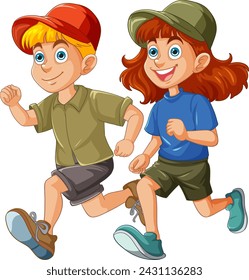 Two cartoon kids joyfully running side by side.