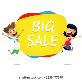 Two cartoon kids jump near banner big sale .Vector horizontal banner with cartoon children.