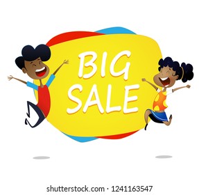 Two cartoon kids jump near banner big sale .Vector horizontal banner with cartoon children.