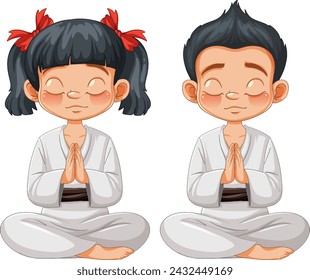 Two cartoon kids meditating with eyes closed, palms together