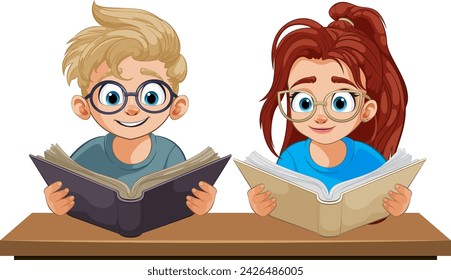 Two cartoon kids reading books at a table