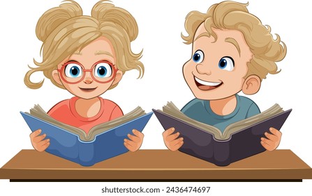 Dos niños de dibujos animados leyendo libros con alegría