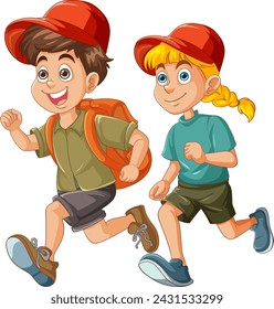 Two cartoon kids running with happy expressions.