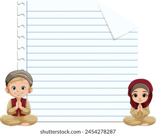 Two cartoon kids sitting by a blank notebook page