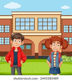 Dos niños de dibujos animados sonriendo frente a la escuela