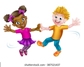 Two cartoon kids, a white boy and a black girl, dancing