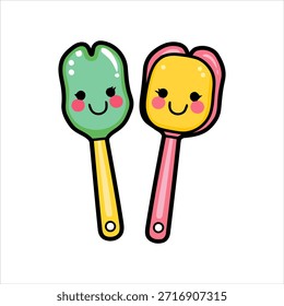 Dos espátulas de cocina de dibujos animados con caras sonrientes, una verde y amarilla, la otra amarilla y rosa, se representan sobre un fondo blanco.