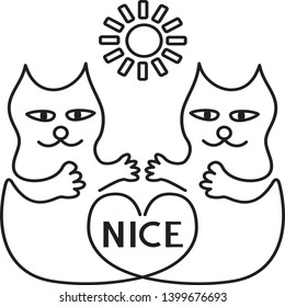 Two cartoon line art cats on a white background. Couple cats. text: nice Vector Art.
