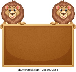 Two cartoon lions with a wooden sign