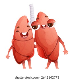 Two cartoon lung characters are embracing one lung is cheerful and smiling, while the other looks tired and has a sleepy expression. It represents health and illness.