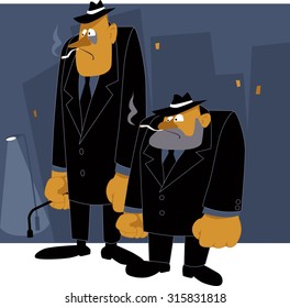 Two cartoon mafia thugs standing on night urban background, vector illustration, no transparencies, EPS 8