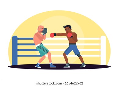Two cartoon male boxer character engaging in fight in ring. Strong fighters. Dangerous sport. Battle spectacle event. Pride, power and skill courage. Match, competition. Vector flat illustration