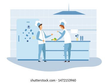 Two Cartoon Male Chefs in Uniform Cooking. Man Masters Characters Discussing Recipe in Restaurant Kitchen with Refrigerator and Table for Cutting Vegetables. Flat Vector Interior Illustration