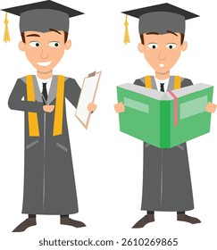 Two cartoon male graduates wearing academic caps and gowns. One is smiling and holding a clipboard, while the other is reading a large book with a surprised expression.