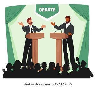 Two Cartoon Male Participants Energetically Debate In Front Of An Audience, Each Gesturing To Emphasize Their Points. The Green Background And Debate Logo Overhead Set A Formal Atmosphere, Vector