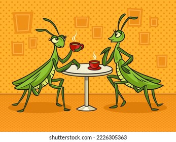 two cartoon mantis girls gossiping in cafe pinup pop art retro vector illustration. Comic book style imitation.