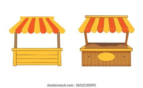 Duas bancas de mercado de desenhos animados com toldos listrados em um fundo branco